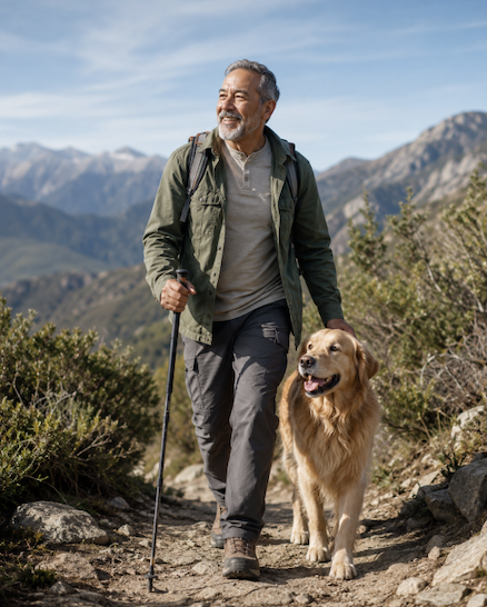 man hiking with dog