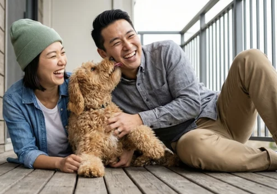 couple laughing with dog