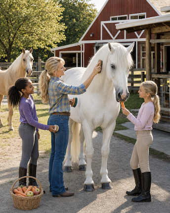 SJ brushing Zeus with kids Carots