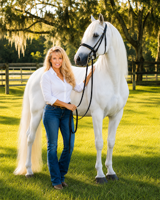 SJ with her White Apalusian horse