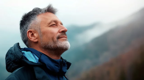 man deep breathing outside